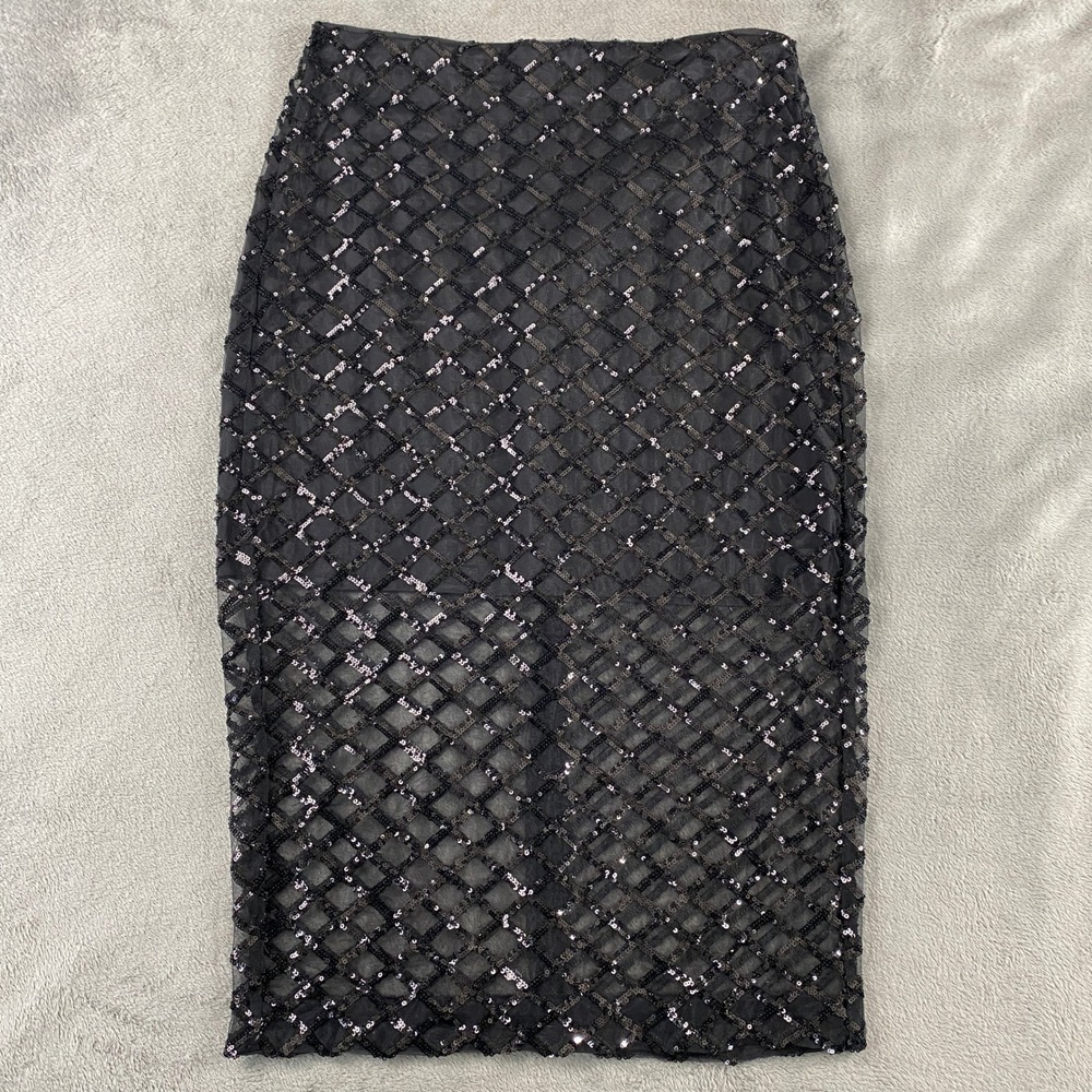 J Crew Skirt Womens 4 Black Collection Sequin Diamond Lattice Pencil Midi BW012